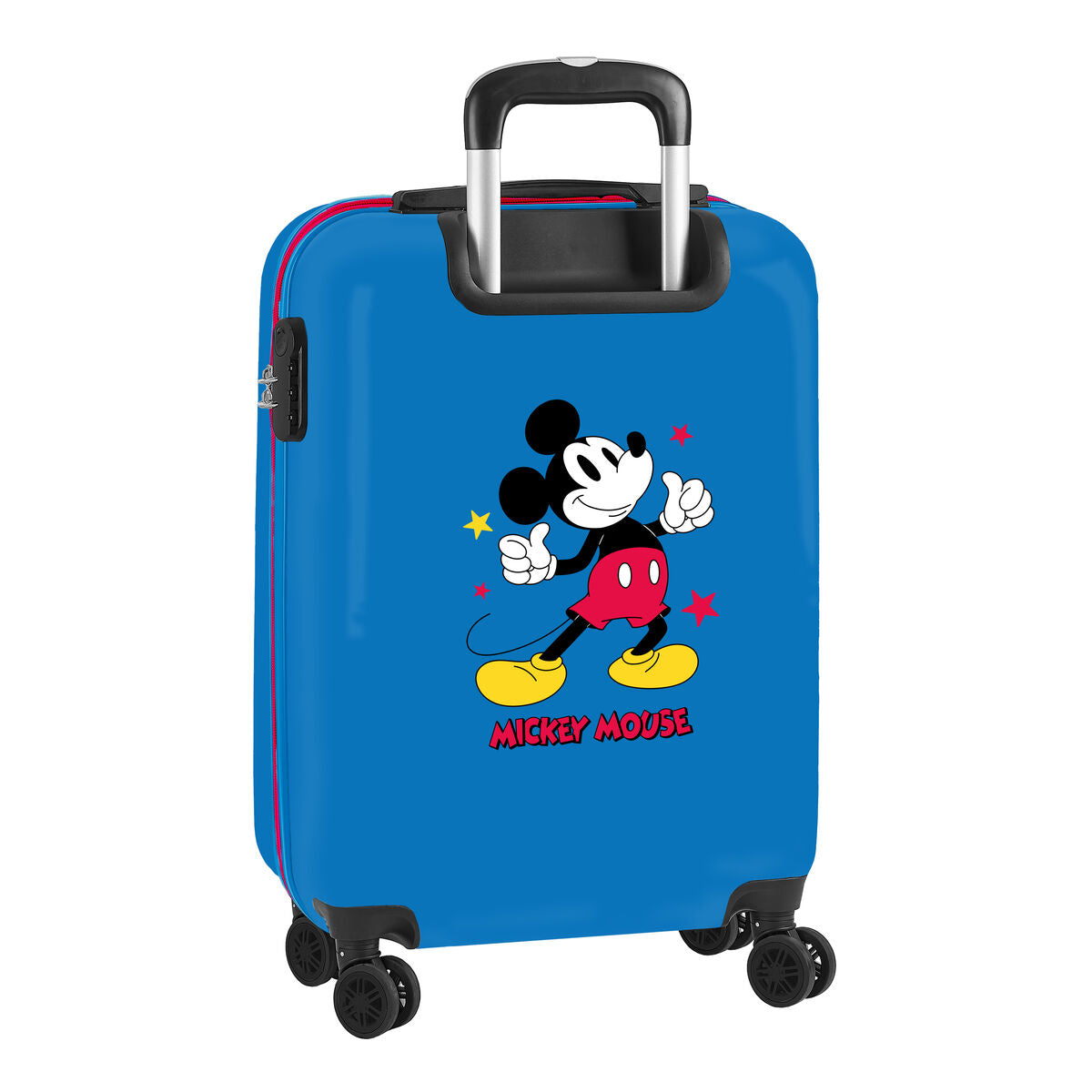 Mickey Mouse cabin luggage navy blue 20'' design with four wheels and colorful character illustration.