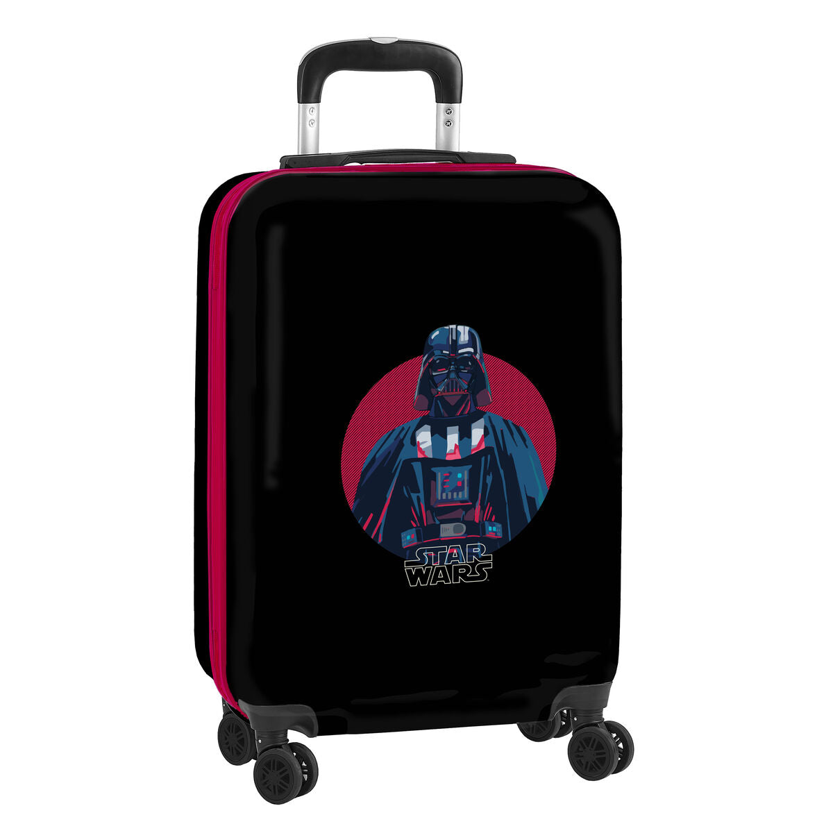 Maleta de cabina Star Wars negra 20 pulgadas con diseño de Darth Vader y ruedas giratorias.