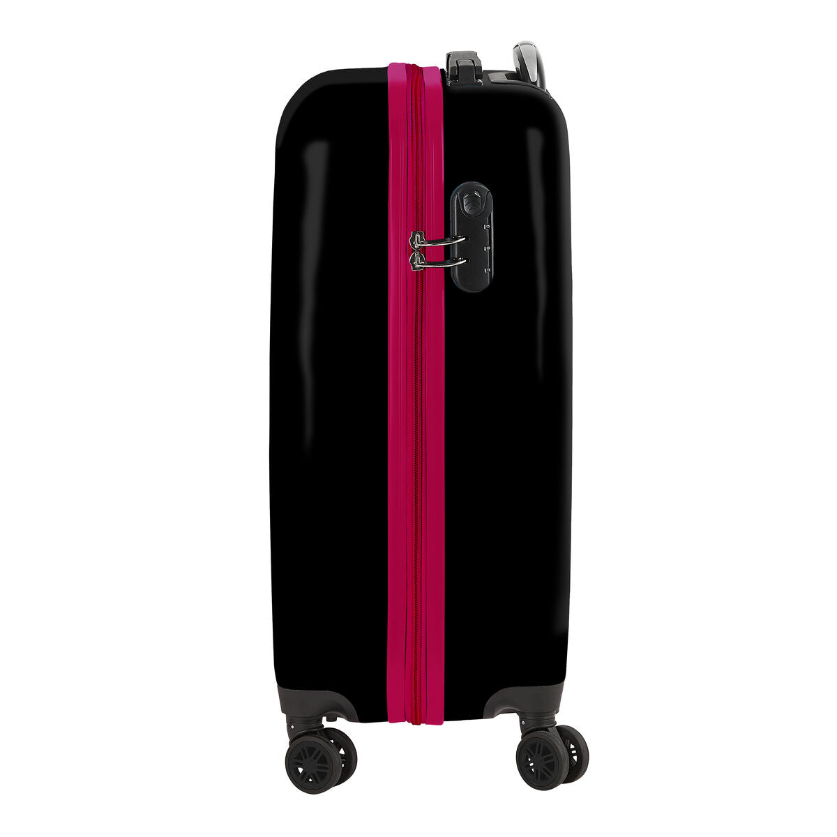 Maleta de cabina Star Wars negra 20 pulgadas vista lateral con ruedas giratorias y cerradura.