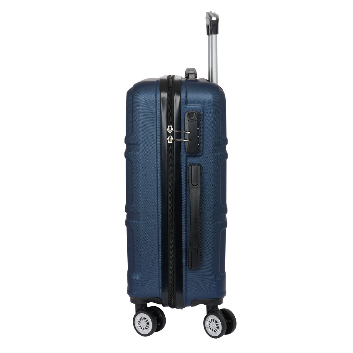 Maleta de cabina azul marino 20 pulgadas con cuatro ruedas giratorias y asa extensible.