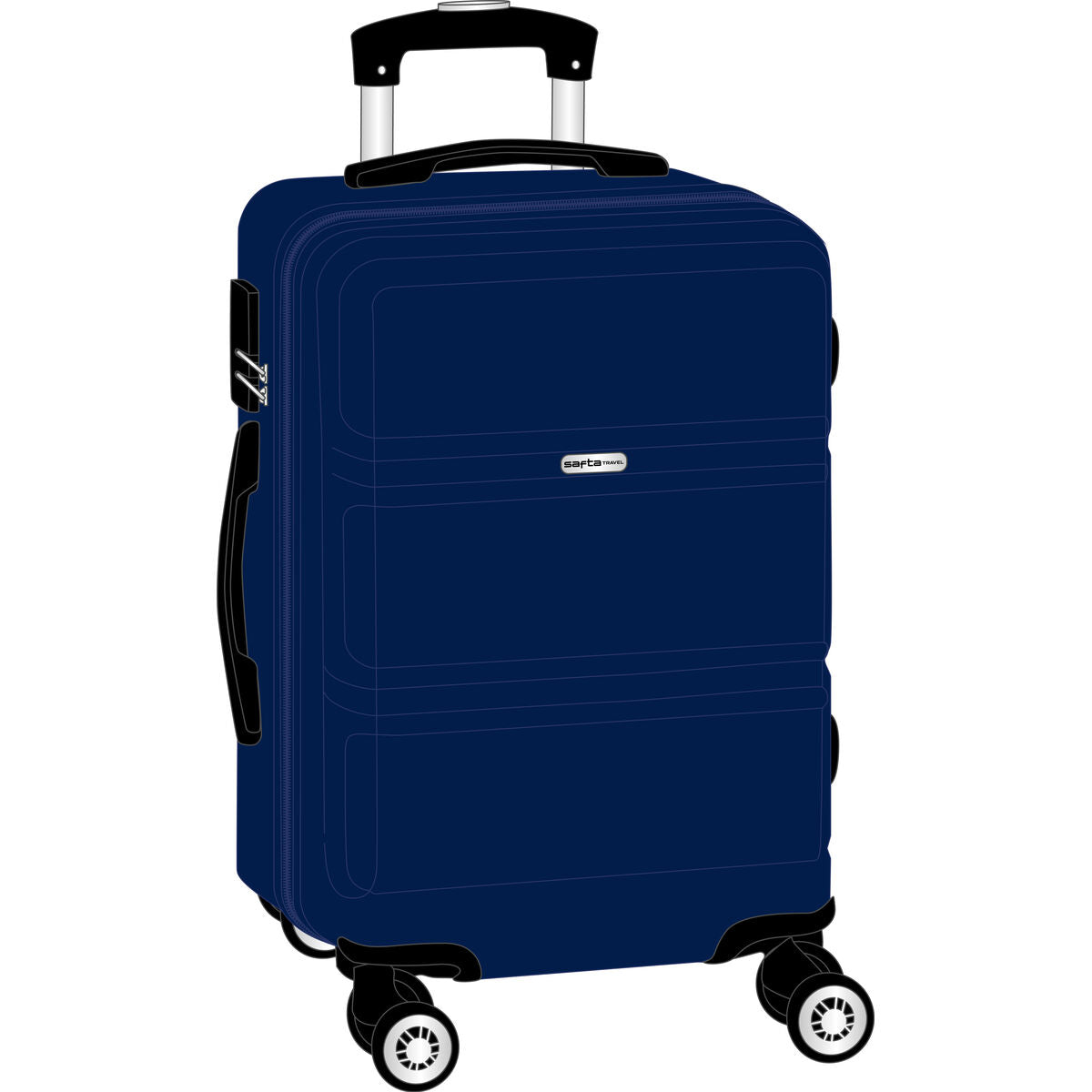 Maleta de cabina azul marino 20 pulgadas con cuatro ruedas, asa superior y diseño deportivo.