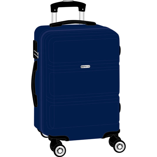Maleta de cabina azul marino 20 pulgadas con cuatro ruedas, asa superior y diseño deportivo.