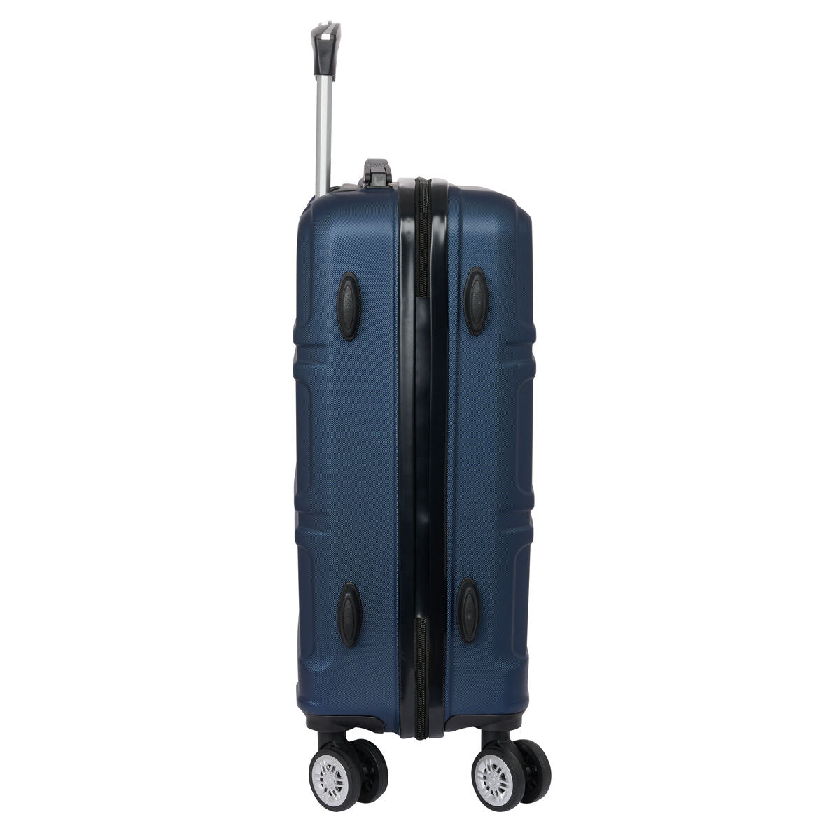 Maleta de cabina azul marino 20 pulgadas vista lateral con ruedas giratorias y asa extendida.
