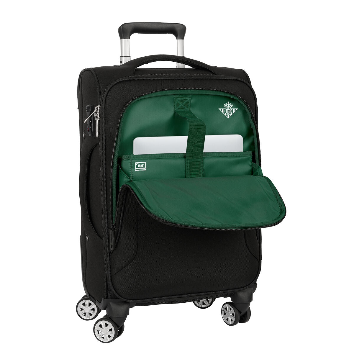 Maleta de cabina Real Betis Balompié Negro 20'' con interior forrado verde y diseño deportivo.