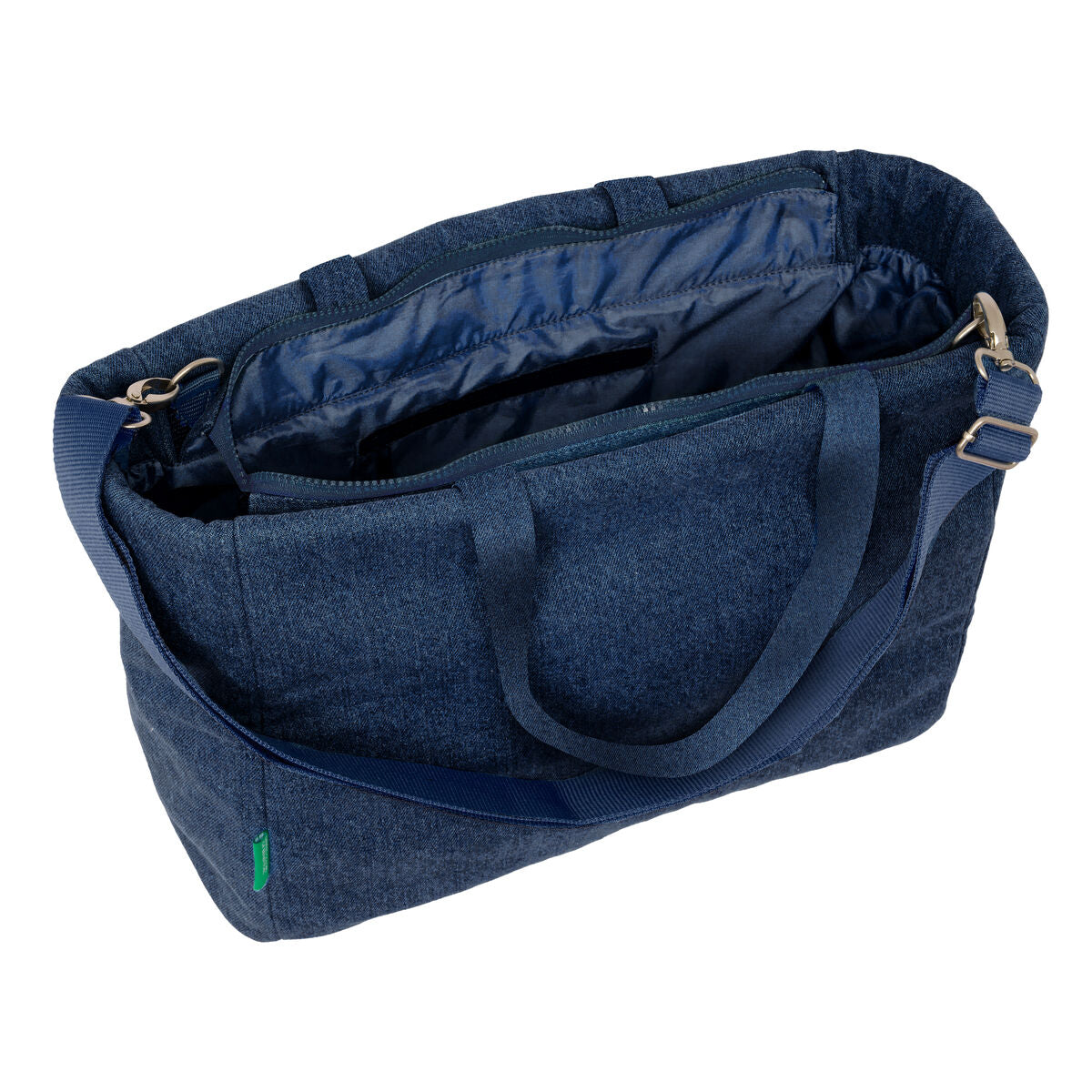 Bolso denim juvenil Benetton azul con cinta ajustable y bolsillo interior, ideal para niños.
