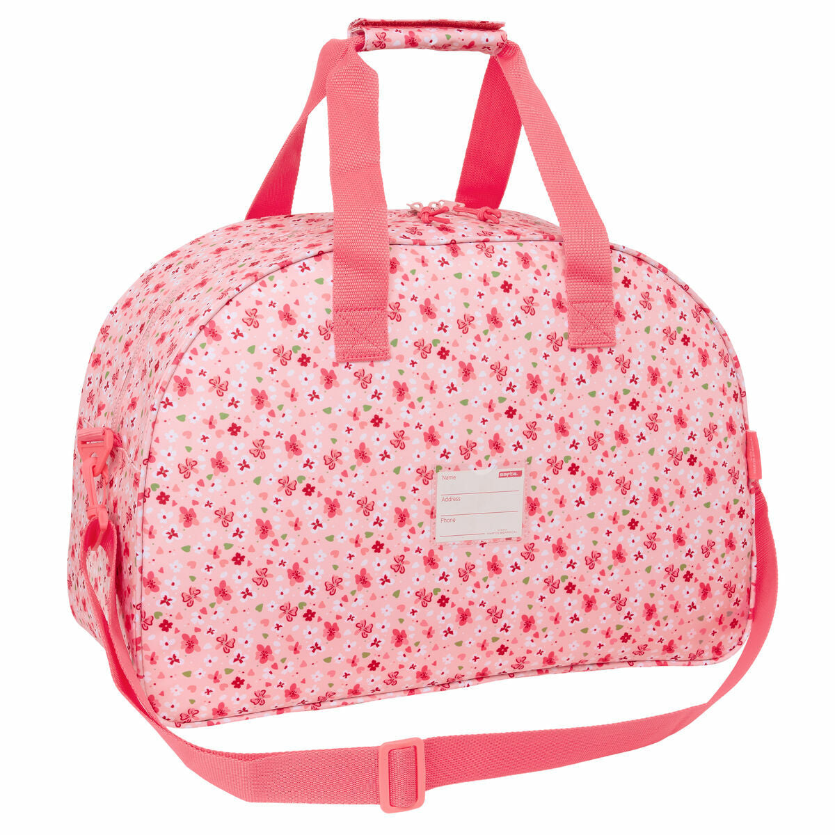 Bolsa de deporte rosa Vicky Martín Berrocal con diseño floral ideal para niños, dimensiones 48 x 33 x 21 cm.