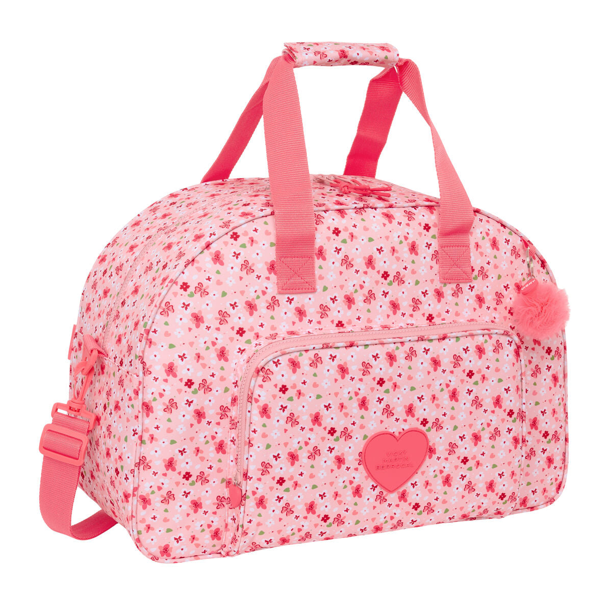 Bolsa de deporte rosa Vicky Martín Berrocal con diseño floral, asa y cinta ajustable, ideal para niños.