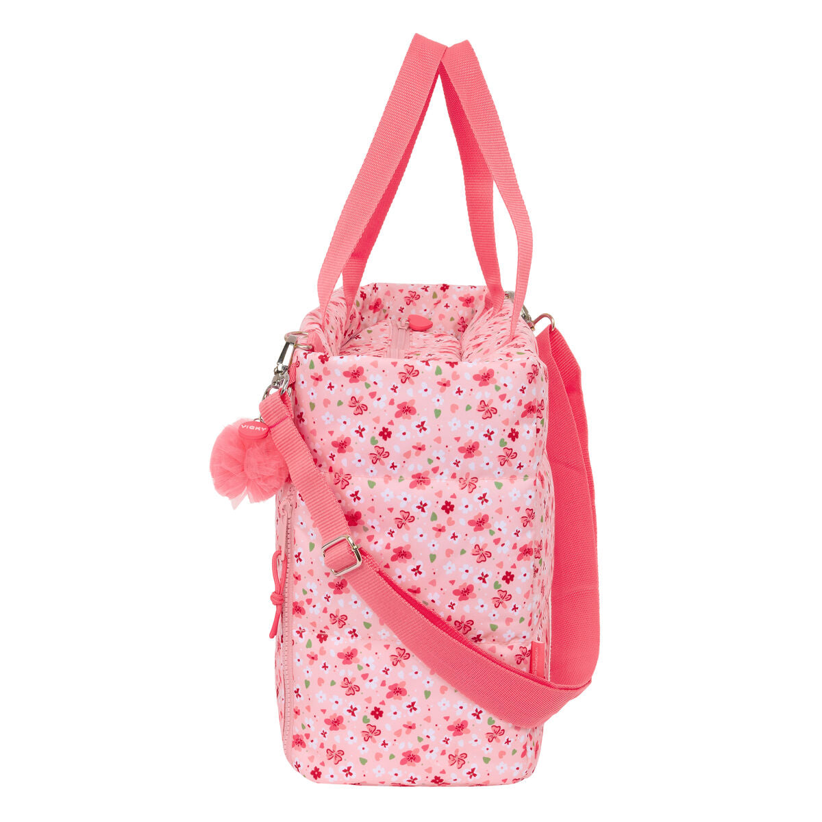 Bolso escolar juvenil Vicky Martín Berrocal con estampado floral en rosa y asas ajustables.