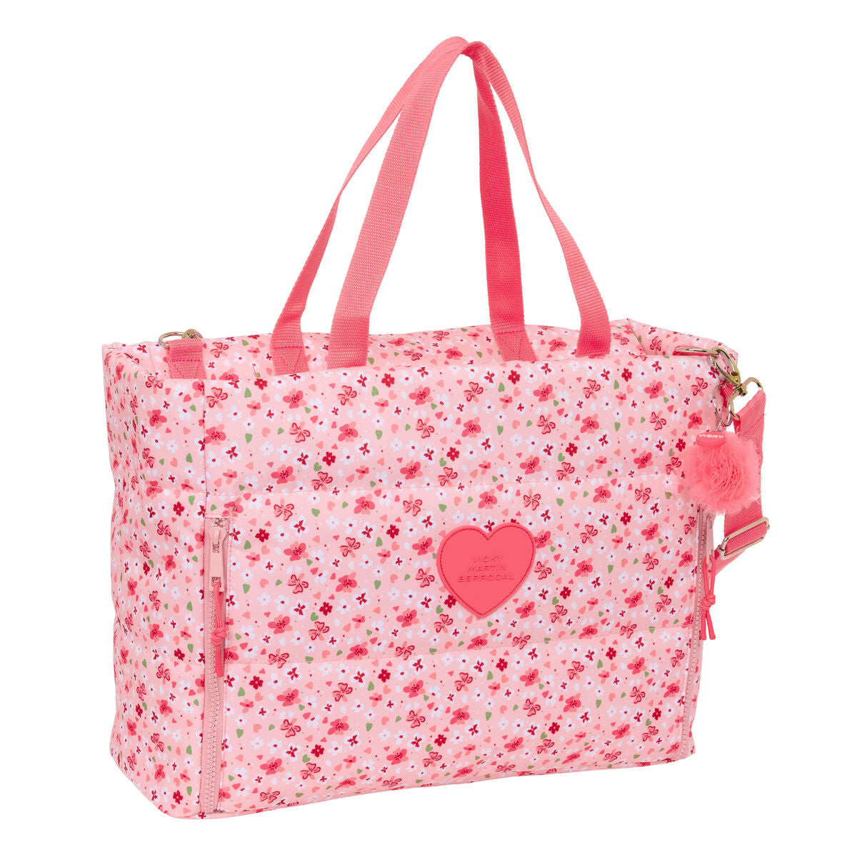 Bolso escolar juvenil Vicky Martín Berrocal en rosa con estampado de flores y pompom decorativo