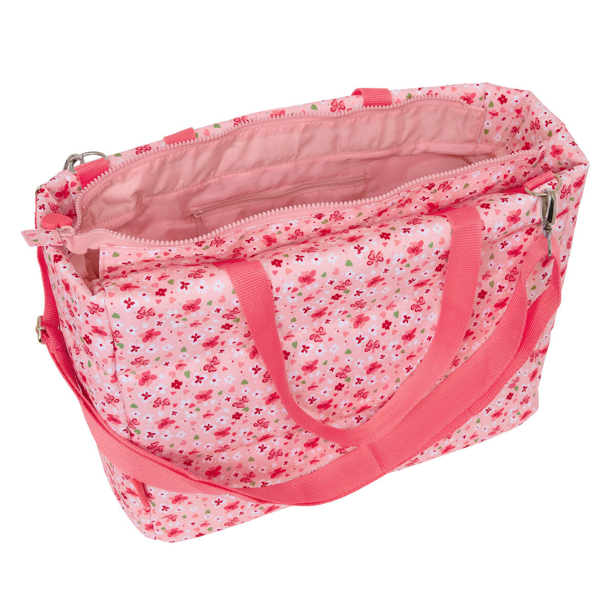 Bolso escolar juvenil Vicky Martín Berrocal en color rosa con diseño de flores y asas ajustables.