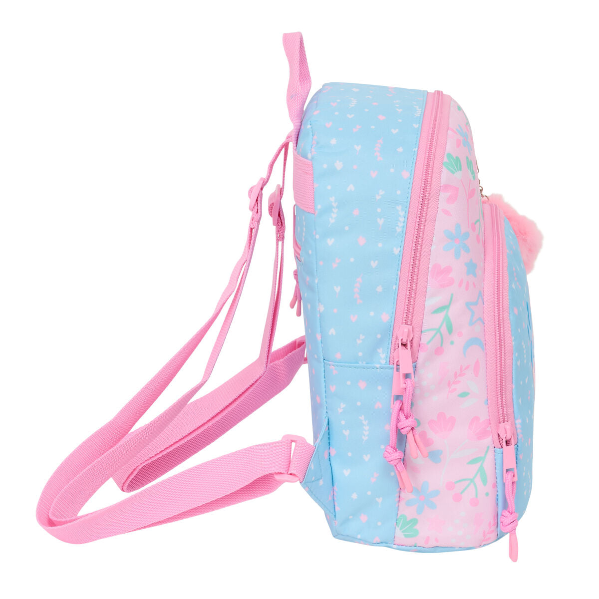 mini mochila BlackFit8 rosa azul claro vista lateral con diseño de flores.
