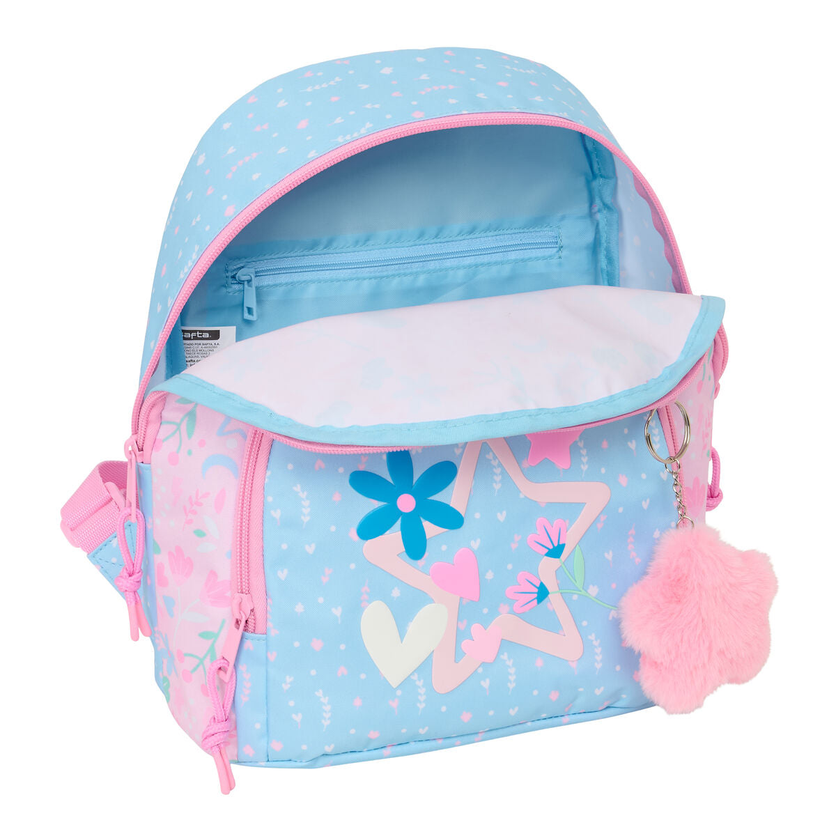 mini mochila BlackFit8 rosa azul claro abierta con interior suave y diseño colorido y divertido.