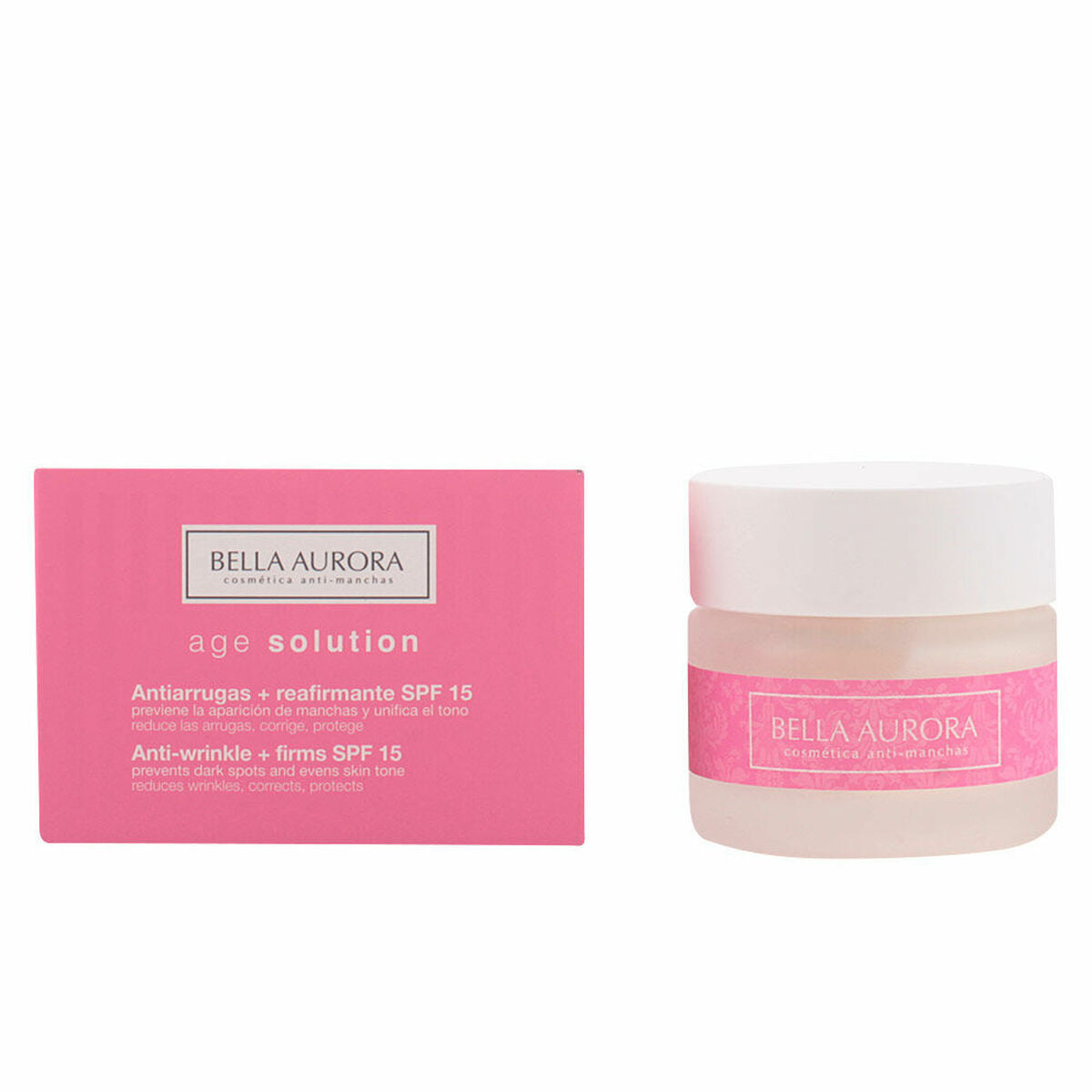 Bella Aurora anti-wrinkle cream SPF 15 in a jar with a pink box, perfect for enhancing beauty and skin care.