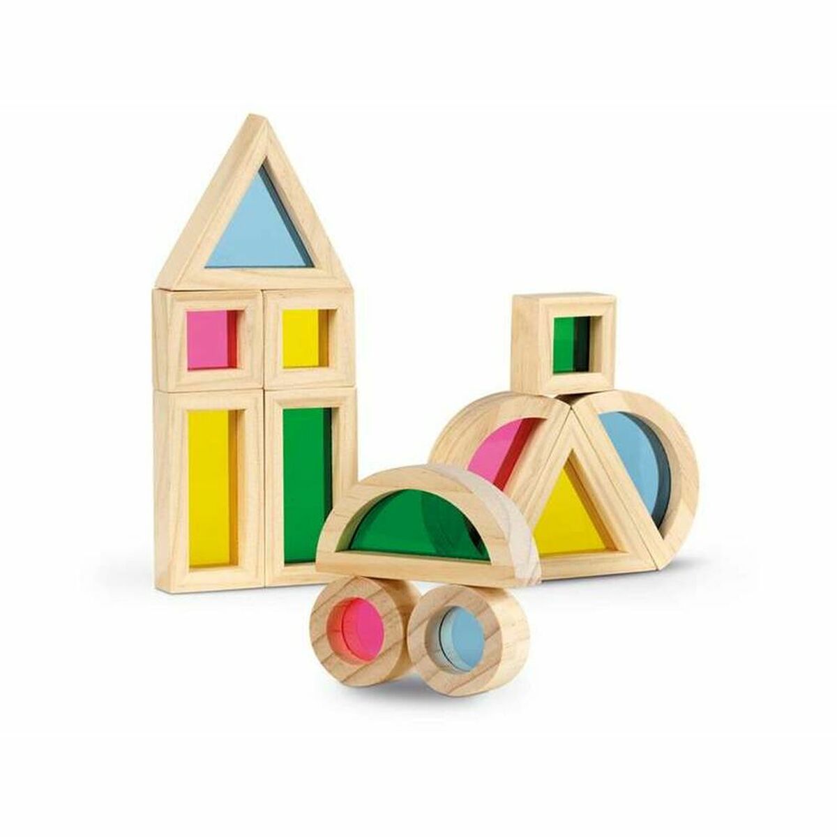 Montessori color blocks puzzle featuring colorful wooden shapes including a house and vehicle for educational play.