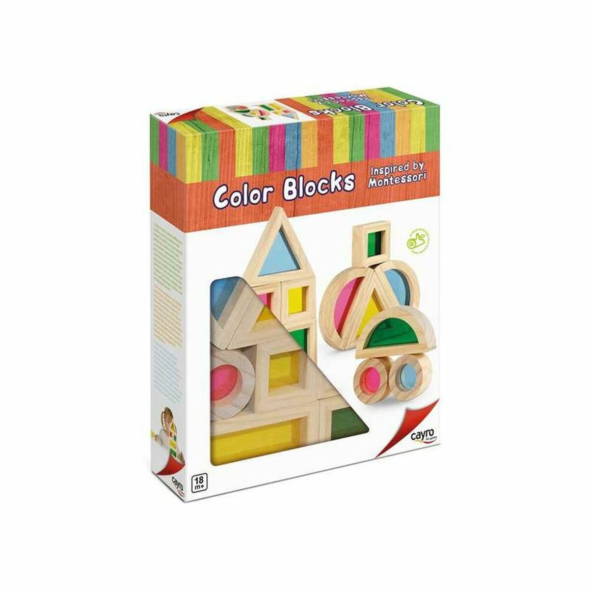 Puzzle Cayro Color Blocks Montessori color blocks puzzle packaging with colorful wooden blocks.