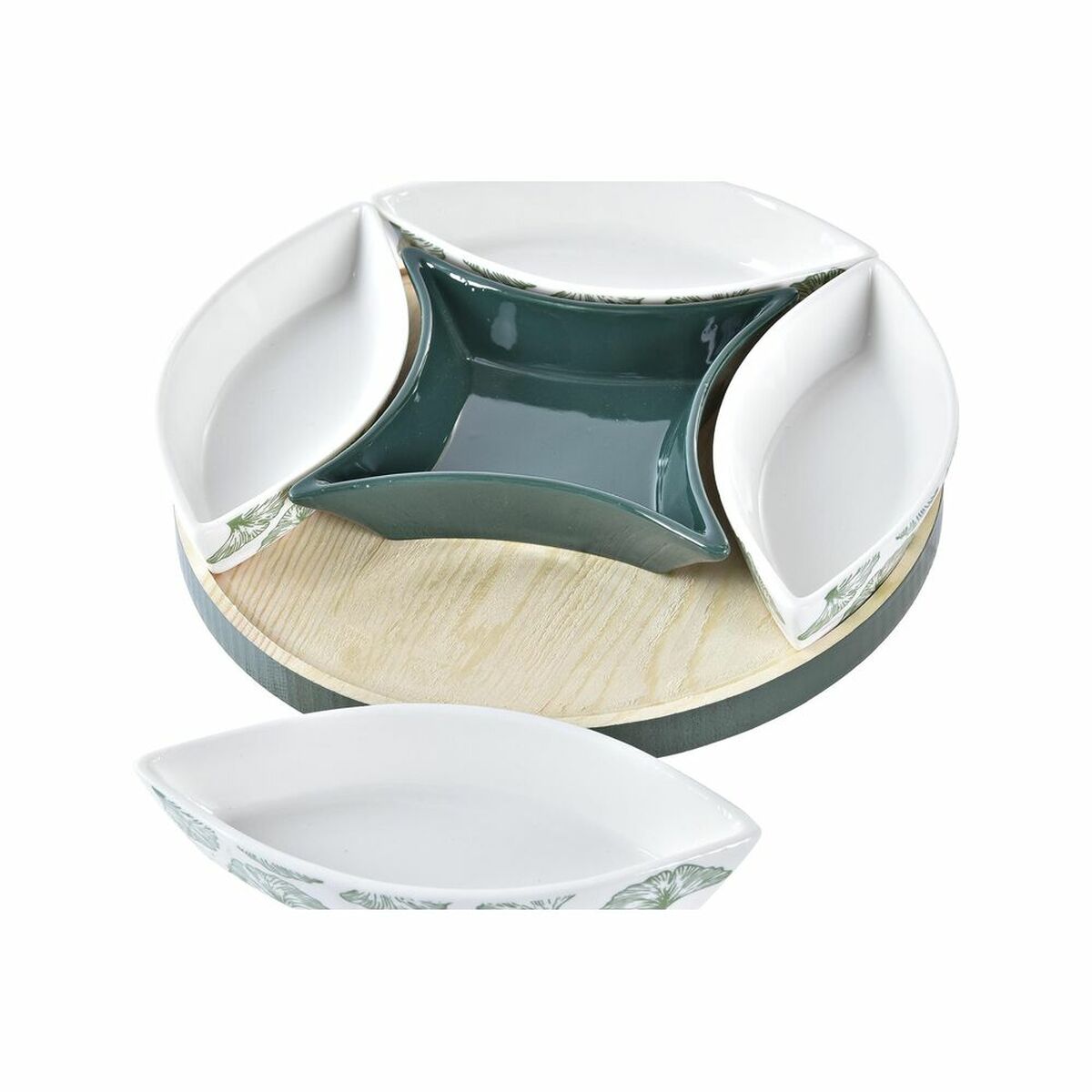 Set de aperitivo tropical madera con platos y cuencos en diseño de hojas verdes y base de MDF.