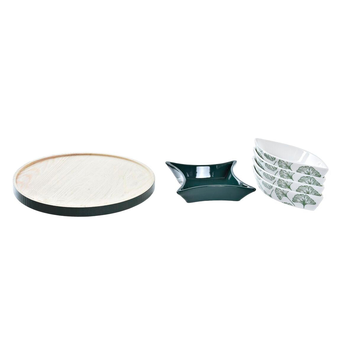 Set de Aperitivo Tropical Madera con plato y cuatro cuencos decorados en hojas verdes.