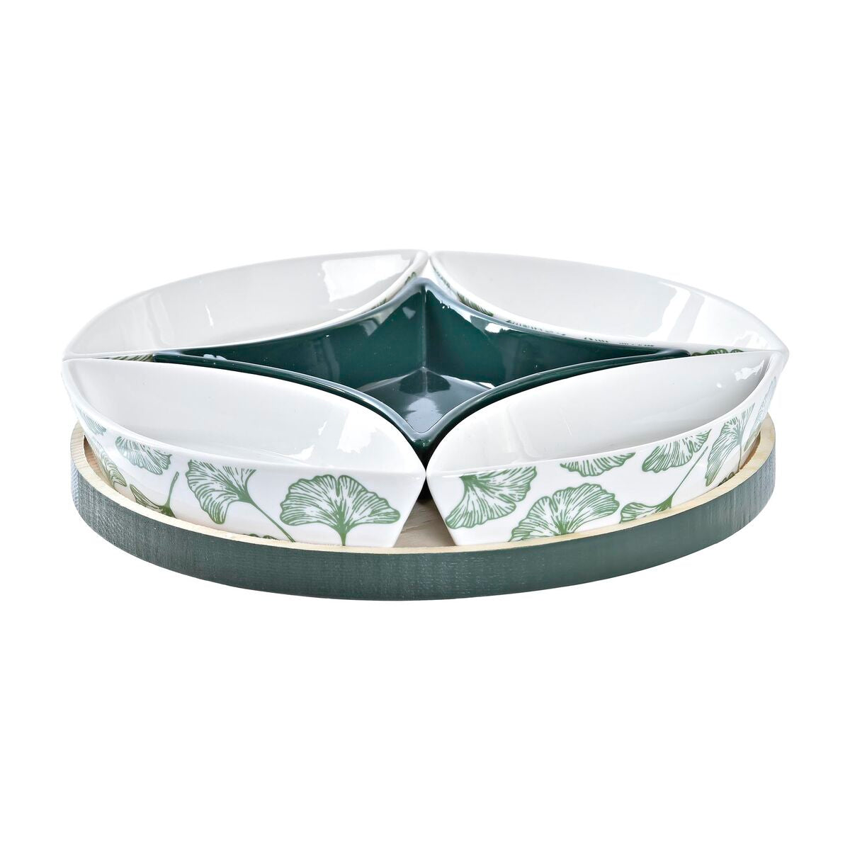 Set de Aperitivo Tropical Madera con plato y cuencos en diseño de hojas verdes y blancos.