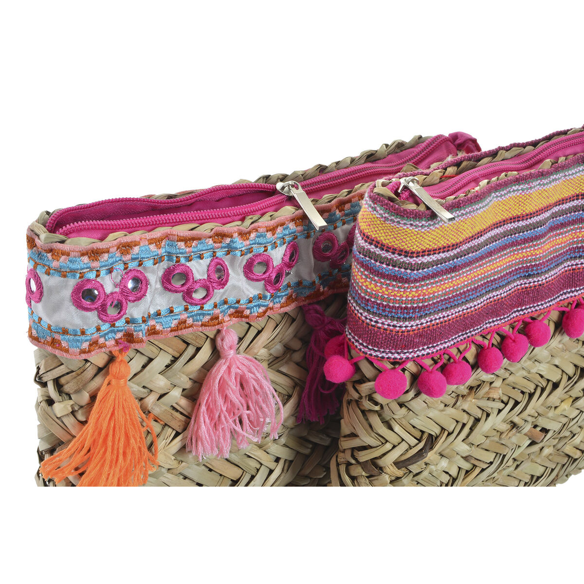 Bolso de mano boho con flecos multicolor hecho a mano, ideal para complementos de moda. Incluye 2 unidades con cremallera.