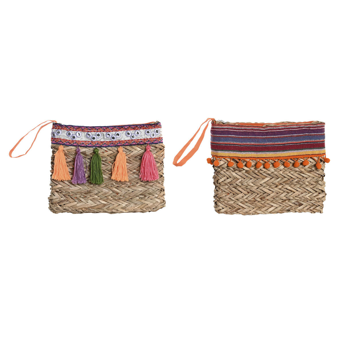 Bolso de mano boho con flecos, dos unidades en mimbre, multicolor, diseño artesanal con cremallera.