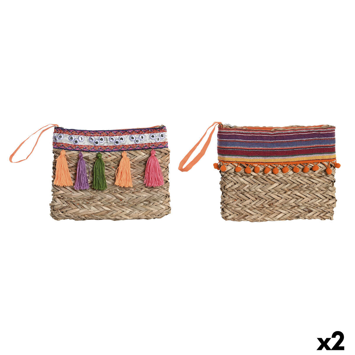Bolso de mano boho con flecos, conjunto de 2 unidades en mimbre, diseño colorido y artesanal.