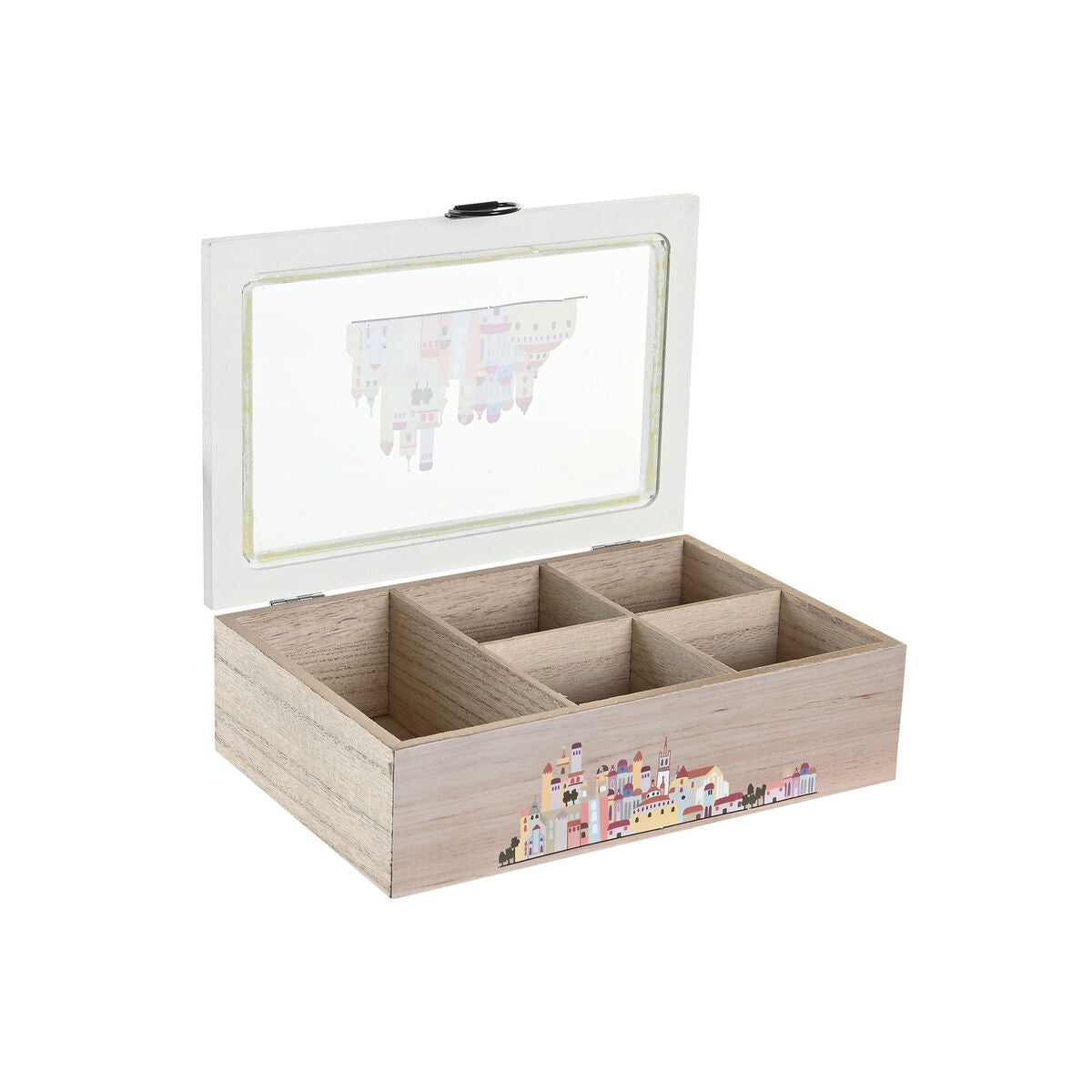 Caja para infusiones multicolor de cristal MDF con diseño de casas cottage y tapa de cristal.