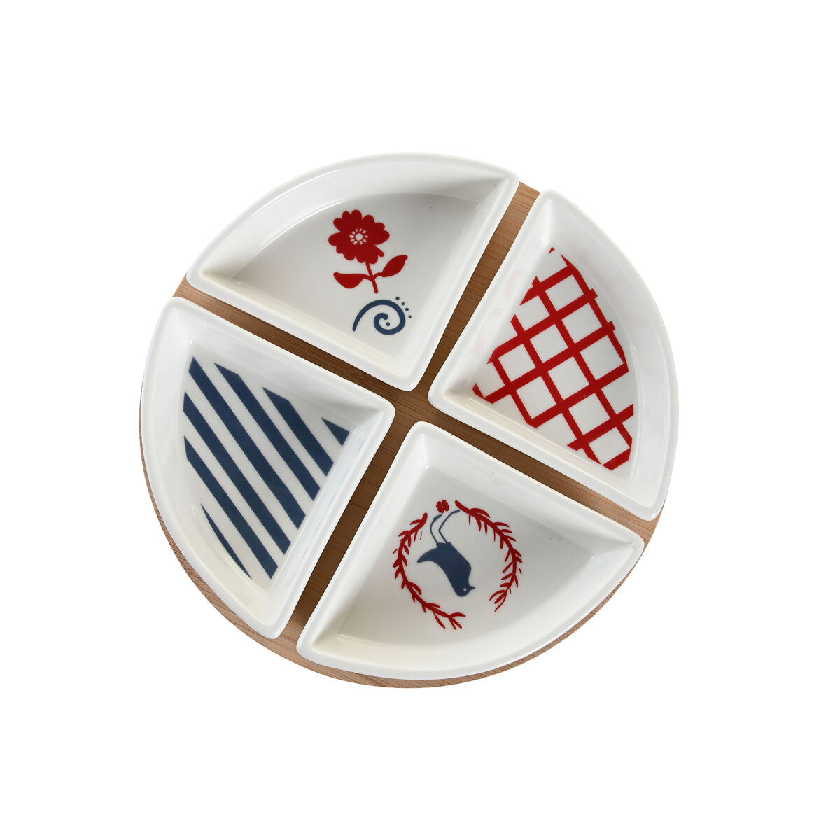 Set de aperitivo gres mediterráneo con cuatro compartimentos en rojo, azul y blanco, ideal para reuniones.