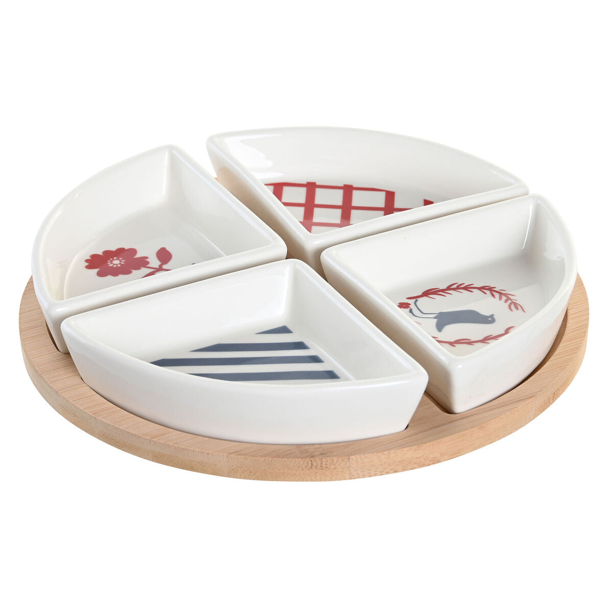 Set de aperitivo gres mediterráneo con bandejas en colores rojo, azul y blanco sobre base de bambú.