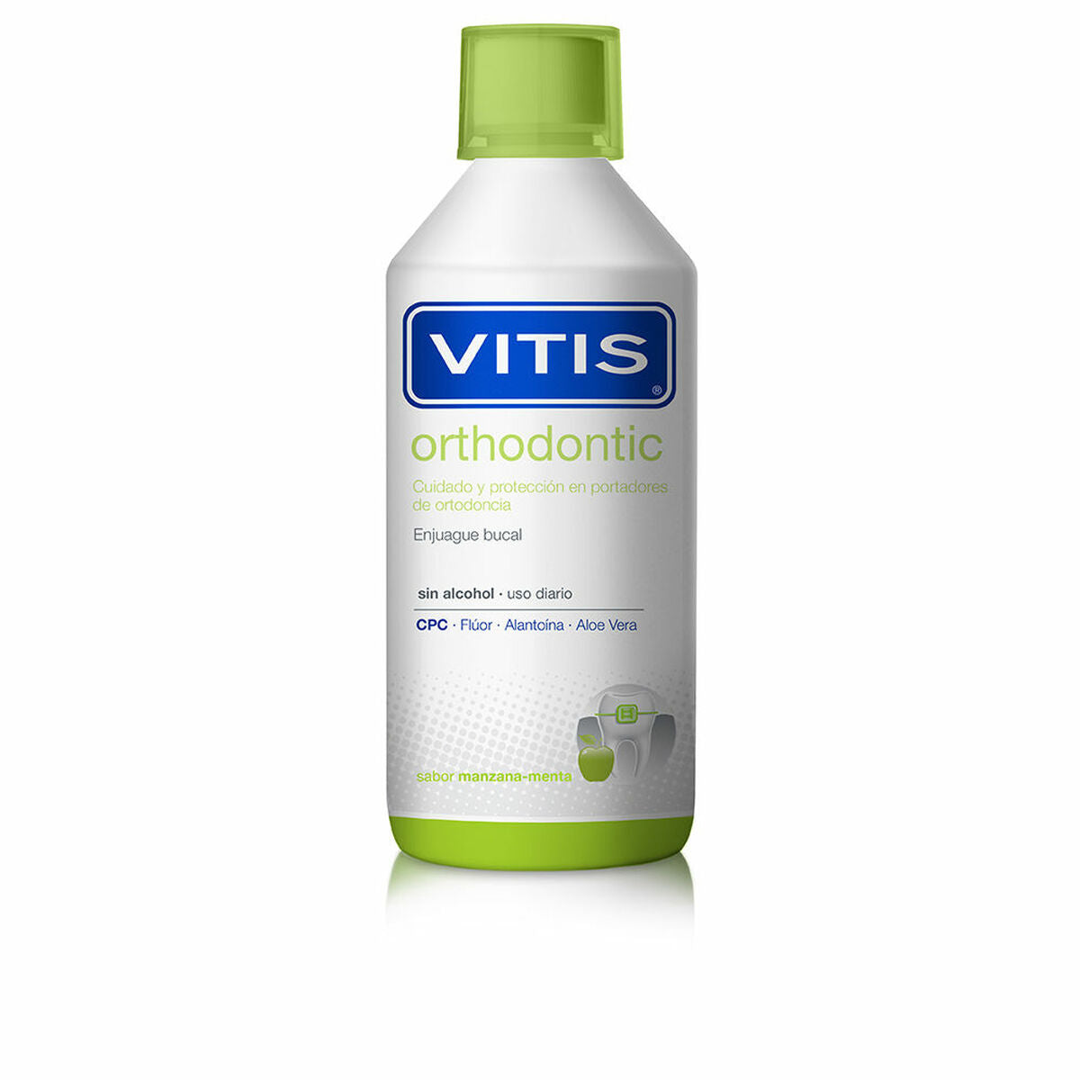 Enjuague Bucal Vitis Orthodontic Menta Manzana 1 L, producto para higiene bucal, sin alcohol, con sabor manzana menta, enjuague bucal ortodontico menta manzana.