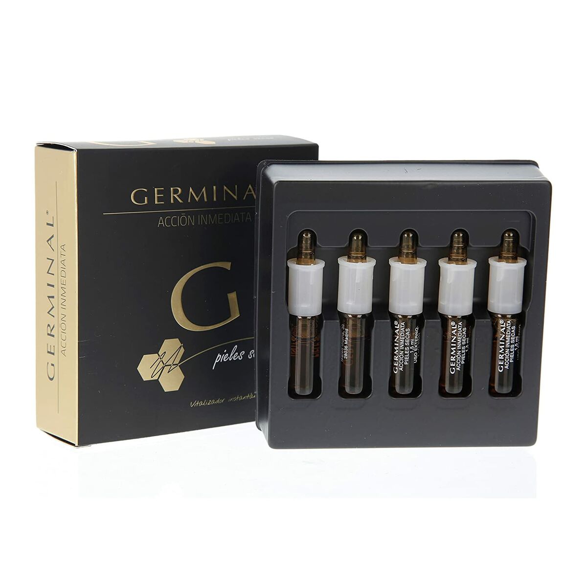 Germinal ampoules for dry skin in a box, showcasing five 1.5 ml vials for immediate hydration.