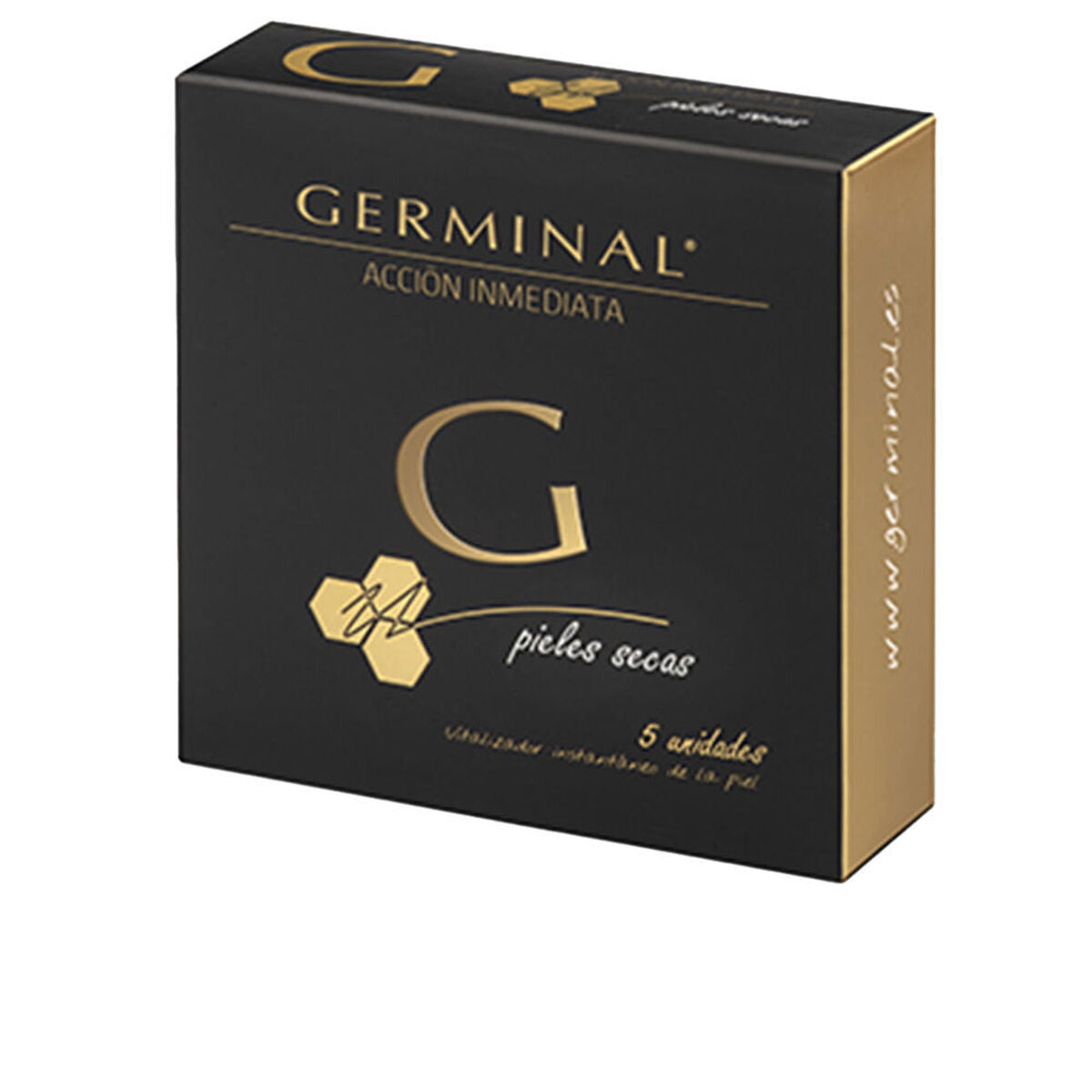 Germinal ampoules for dry skin packaging box, five units of immediate action skincare.