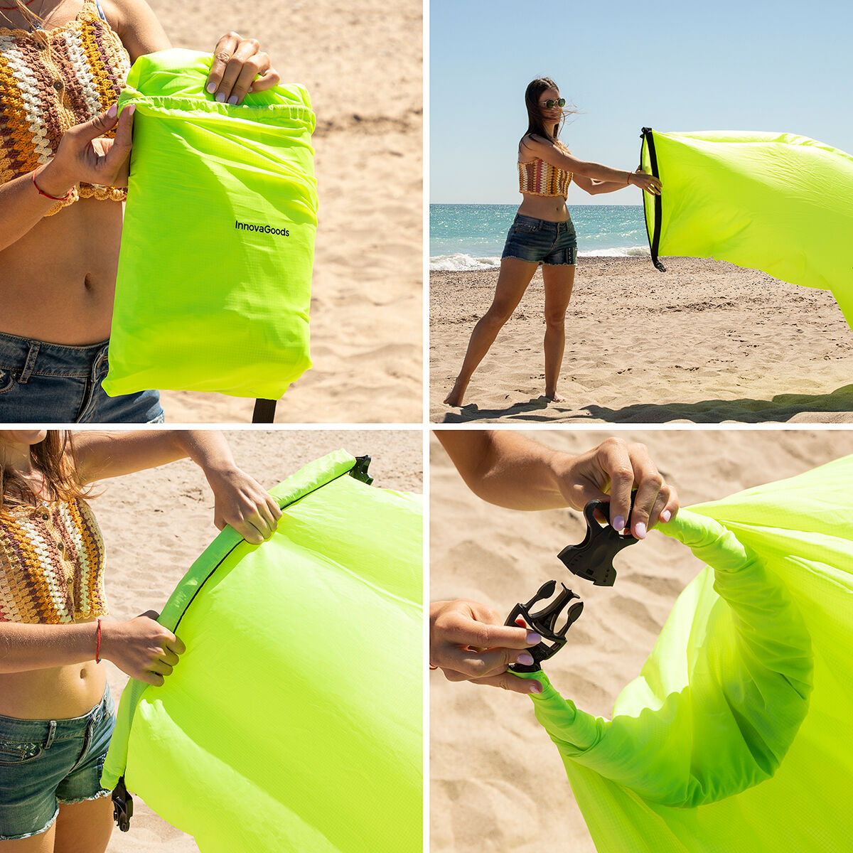 Sofá hinchable InnovaGoods en uso en la playa, mostrando su diseño liviano y funcional.