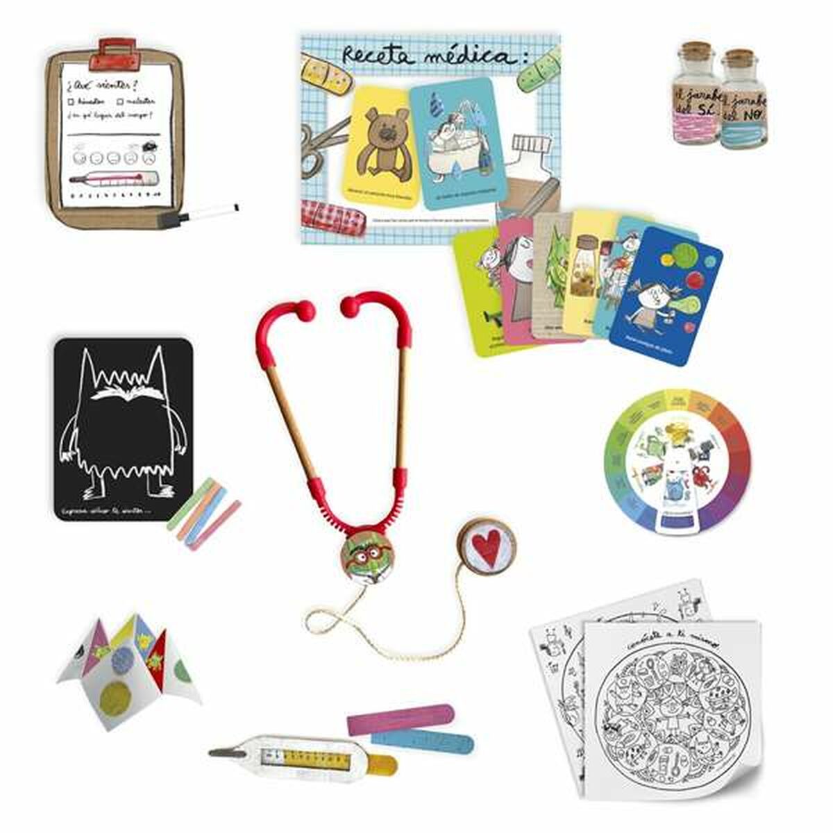 Juego Educativo Diset emociones, incluyendo materiales didácticos como un estetoscopio, tarjetas y herramientas educativas.