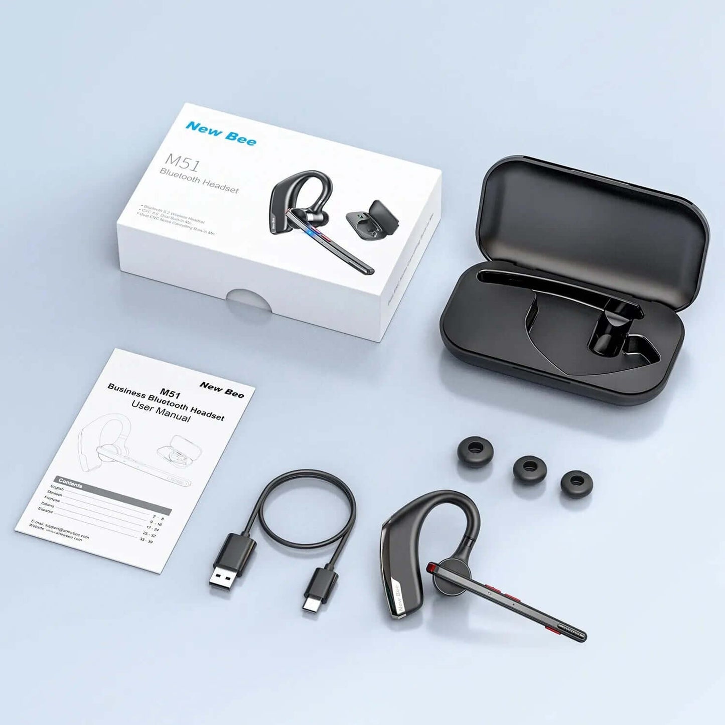 M51 Bluetooth 5.2 Wireless Headset Earphones Headphone with Dual-Mic CVC8.0 Noise Cancelling Handsfree Business Earbuds