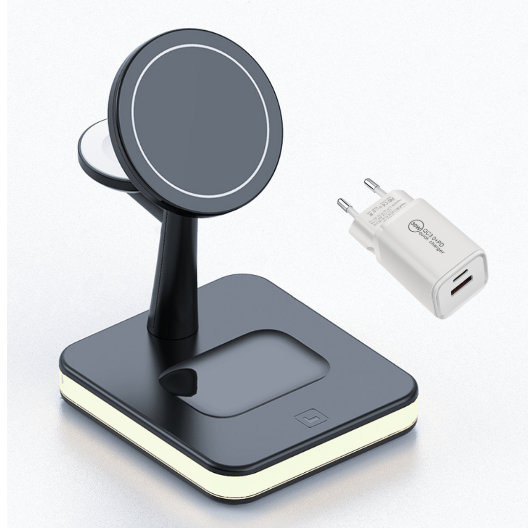 Base de Carga Inalámbrica Magnética 4 en 1 Samaray | Lámpara LED | 15W | Compatible iPhone 14/13/12, iWatch, AirPods