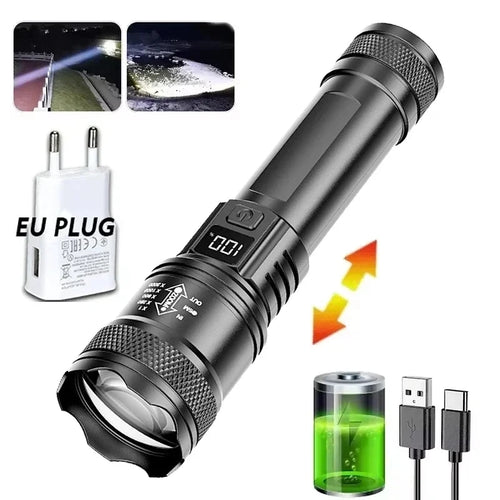 Linterna LED Recargable USB-C | Zoom Telescópico | 3 Modos de Luz | Pantalla Digital