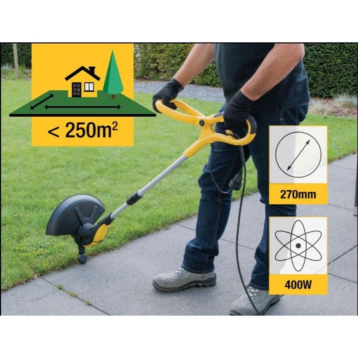 Cortabordes Powerplus 400 W, ideal para jardines de hasta 250m², con un ancho de corte de 270mm y potencia de 400W.