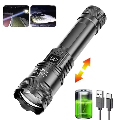 Linterna LED Recargable USB-C | Zoom Telescópico | 3 Modos de Luz | Pantalla Digital