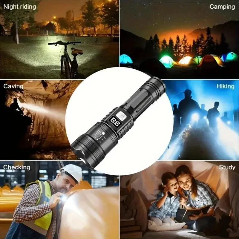 Linterna LED Recargable USB-C | Zoom Telescópico | 3 Modos de Luz | Pantalla Digital