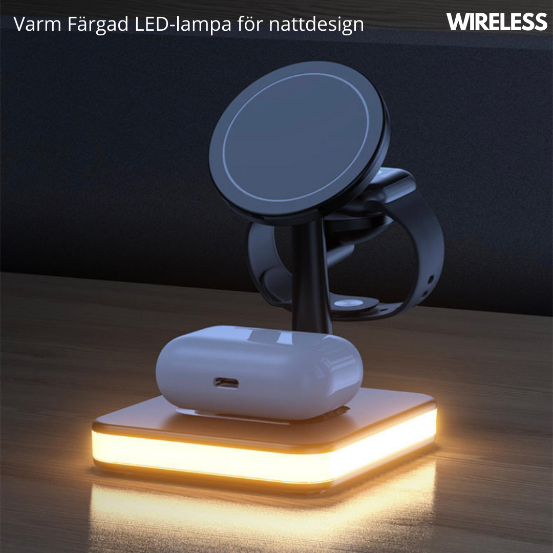 Base de Carga Inalámbrica Magnética 4 en 1 Samaray | Lámpara LED | 15W | Compatible iPhone 14/13/12, iWatch, AirPods