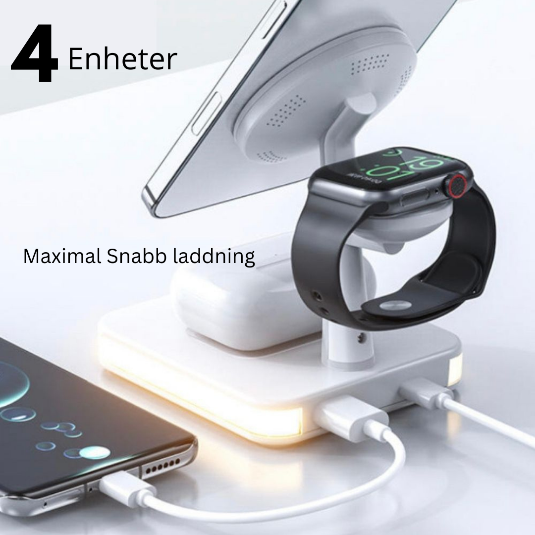 Base de Carga Inalámbrica Magnética 4 en 1 Samaray | Lámpara LED | 15W | Compatible iPhone 14/13/12, iWatch, AirPods