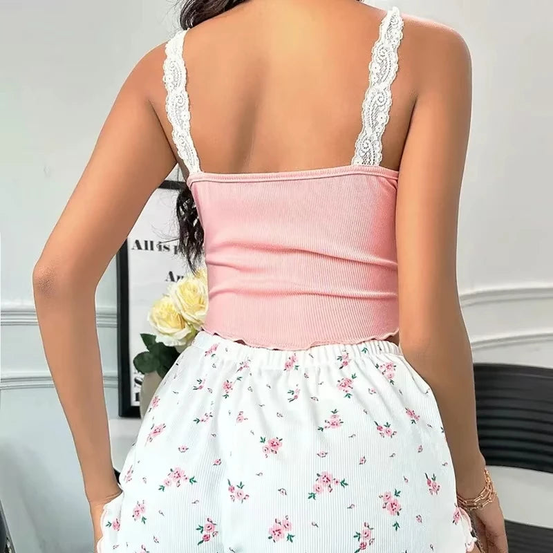Conjunto Pijama Mujer 2 Piezas | Encaje Rosa | Escote V | Ropa de Dormir Sexy