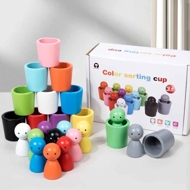 Montessori Color Sorting Toys Color Matching Sensory Game Wooden Peg Dolls in Cups Early Education Learning Toys for Toddler 3+