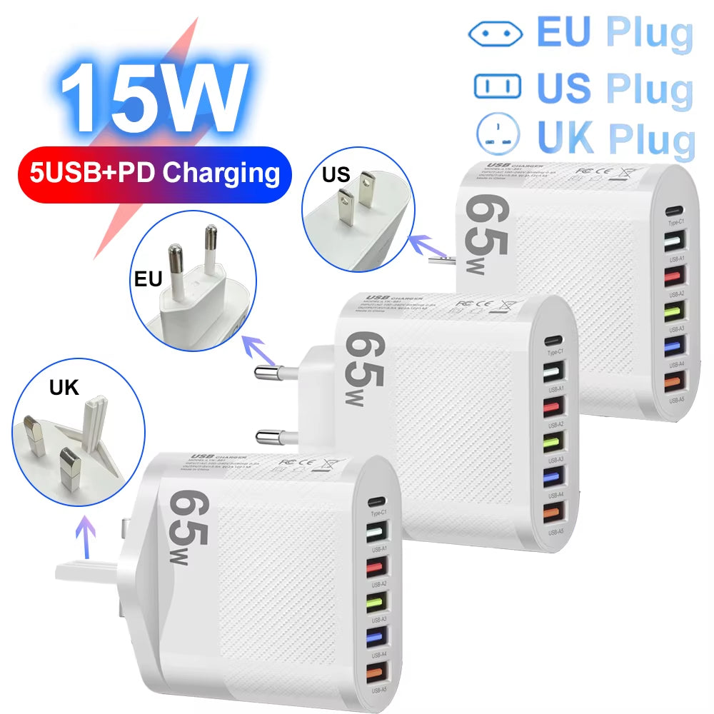3.1A 5Ports USB Charger PD Charging Adapter for Xiaomi Iphone 13 Samsung Mobile Phone Plug Charging QC 3.0 Wall Charger