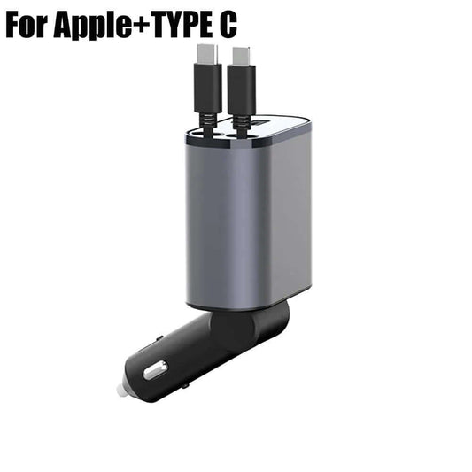 100W 4 in 1 Retractable Car Charger USB Type C Cable for Iphone Fast Cord Cigarette Lighter Adapter