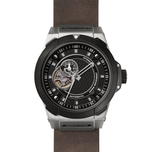 Reloj Hydrogen Watch Vento | GMT Automático Japón NH30 | Acero y Negro Iónico | Correa Cuero Marrón | 44 mm